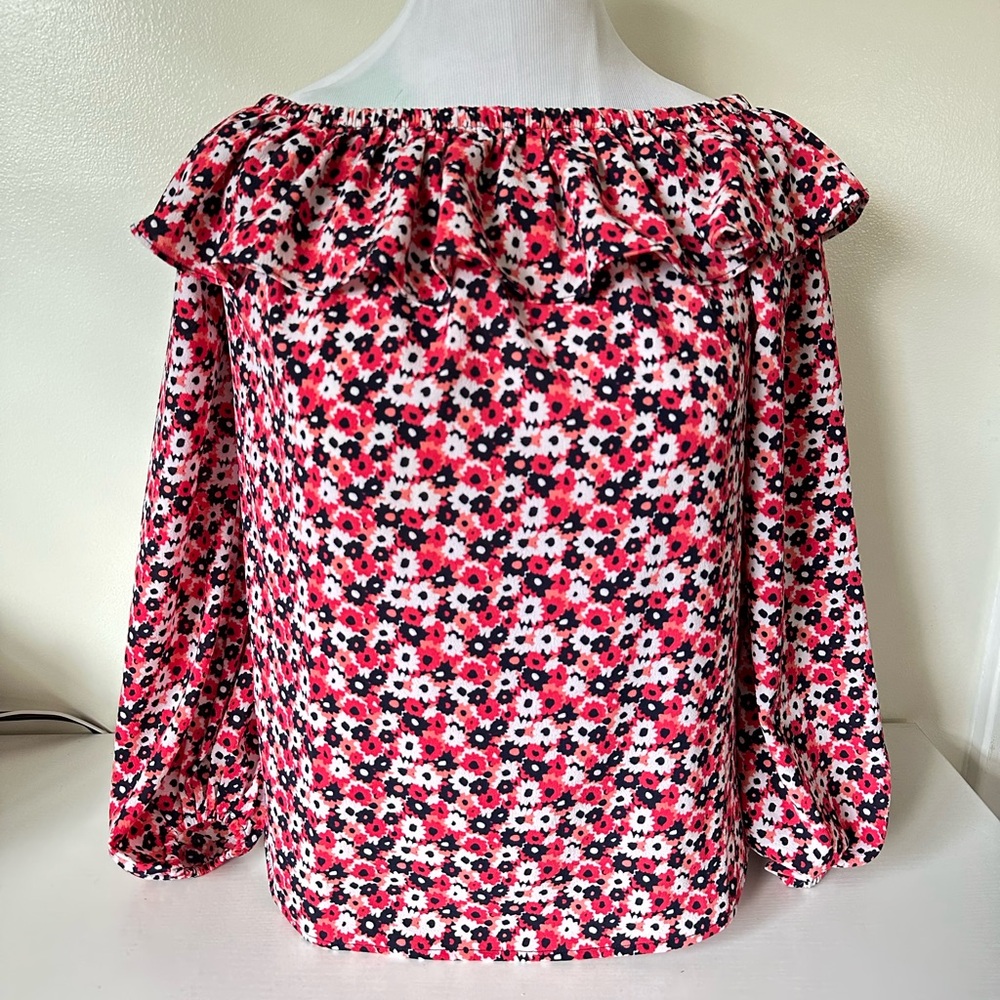 Michael Kors Womens Red White Blue Floral Off Shoulder Ruffled Top Size Large